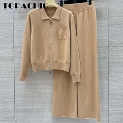 9.25 TOPACHIC-Women Elegant All-match Pocket Leather Zipper Lapel Cardigan Coat + Straight Wide Leg Pants Wool Knit Casual Set