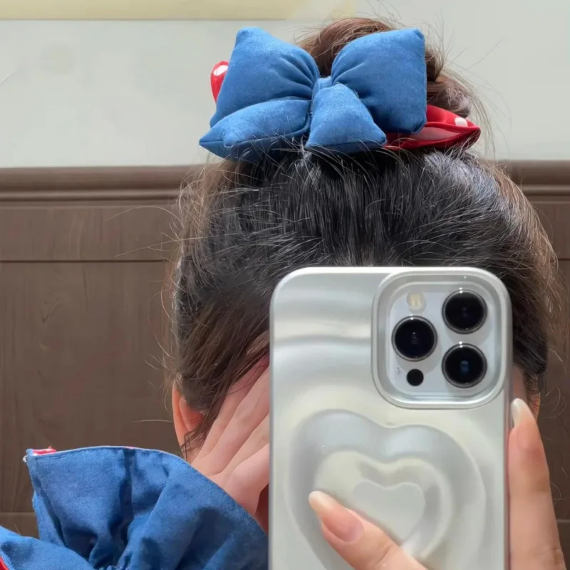 Ladies' Hair Scrunchies Retro Polka Dot Bow Denim Fashion Versatile Hair Ropes Headwear Sweet Kawaii High-quality Hair Accessory