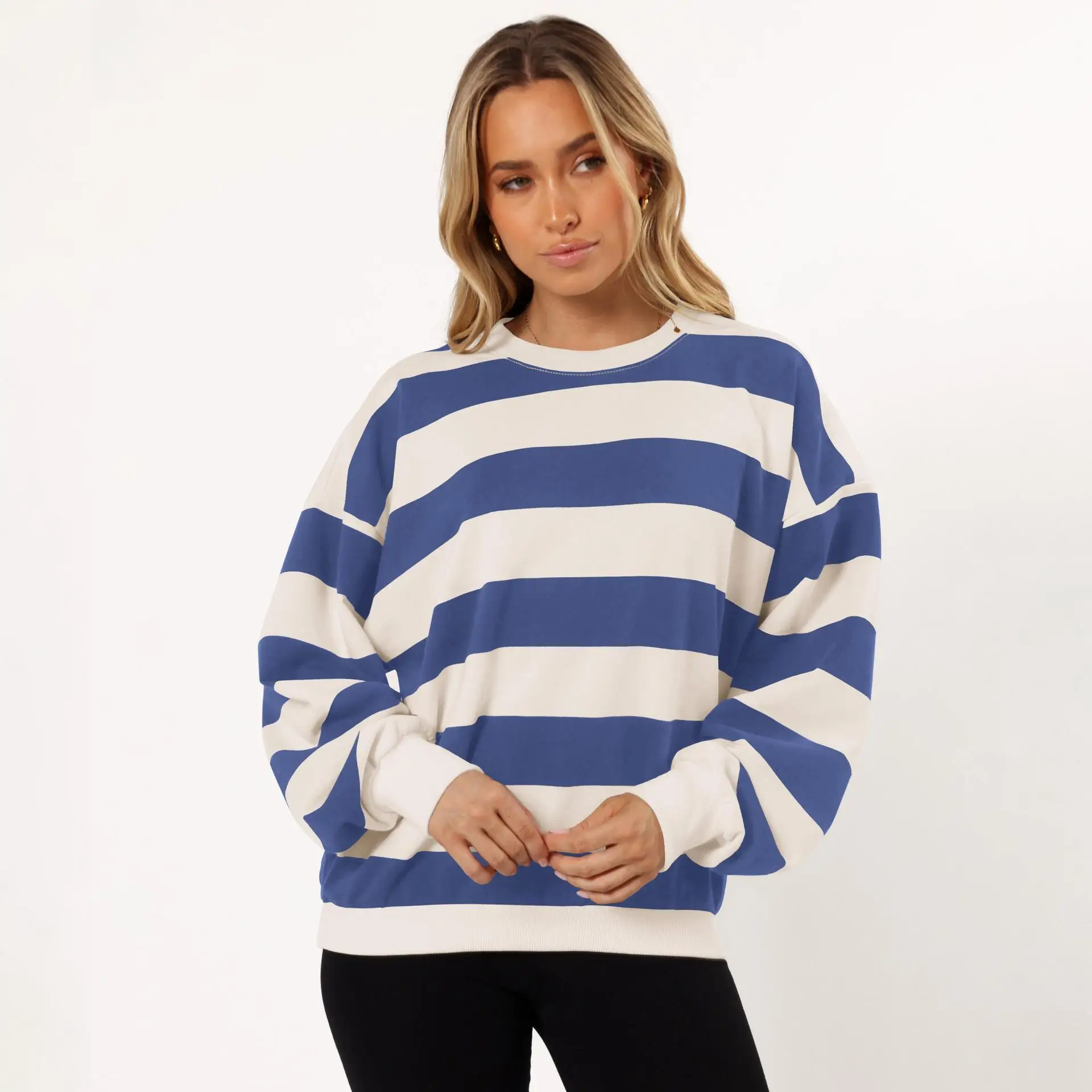 Autumn Winter Women's Plus Velvet Sweatshirt Female O-neck Stripe Long Sleeve Tops Thick Warm Lady's Pullovers Women's Tops