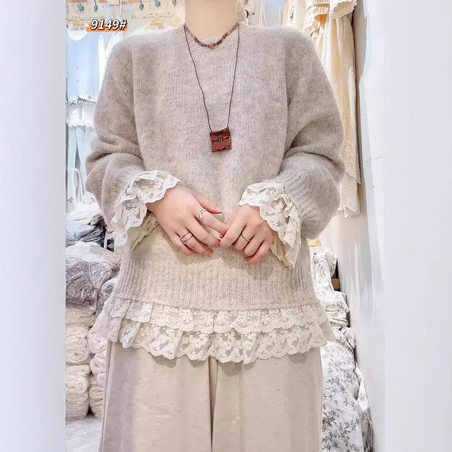 اليابانية الحلو موري فتاة الدانتيل المرقعة محبوك سترة البلوفرات النساء الخريف س الرقبة طويلة الأكمام ملابس تريكو فضفاضة غير رسمية #1