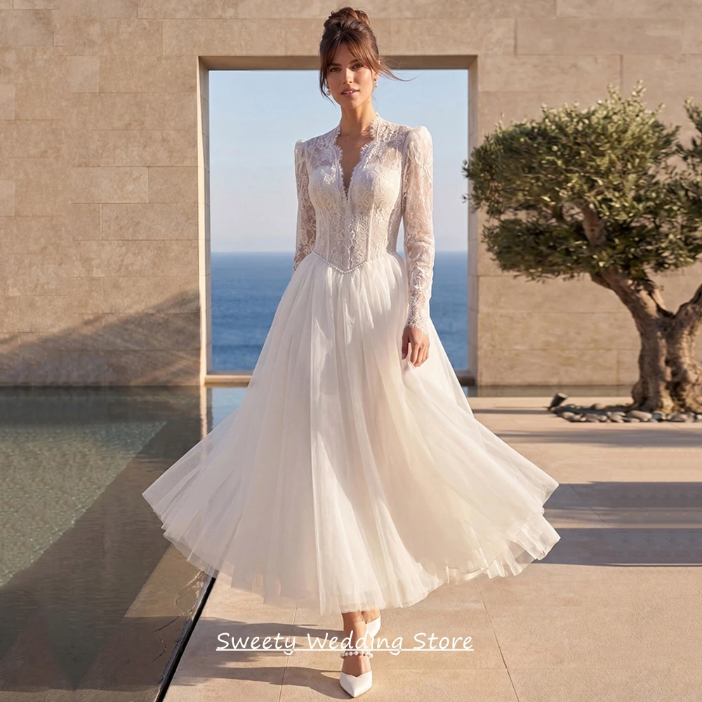 New Wedding Dress Customized Long Sleeves V Neck Pearl Lace Applique Zipper Buttons A Line Bridal Gown Bride Robe De Mariee