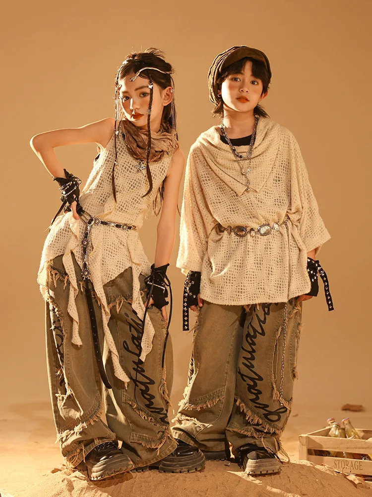 

Kid Juvenile Hip Hop Jazz Gothic Stage Show Clothing Children Dystopia-core Ripped Top Denim Baggy Jeans Pants for Boy Girl