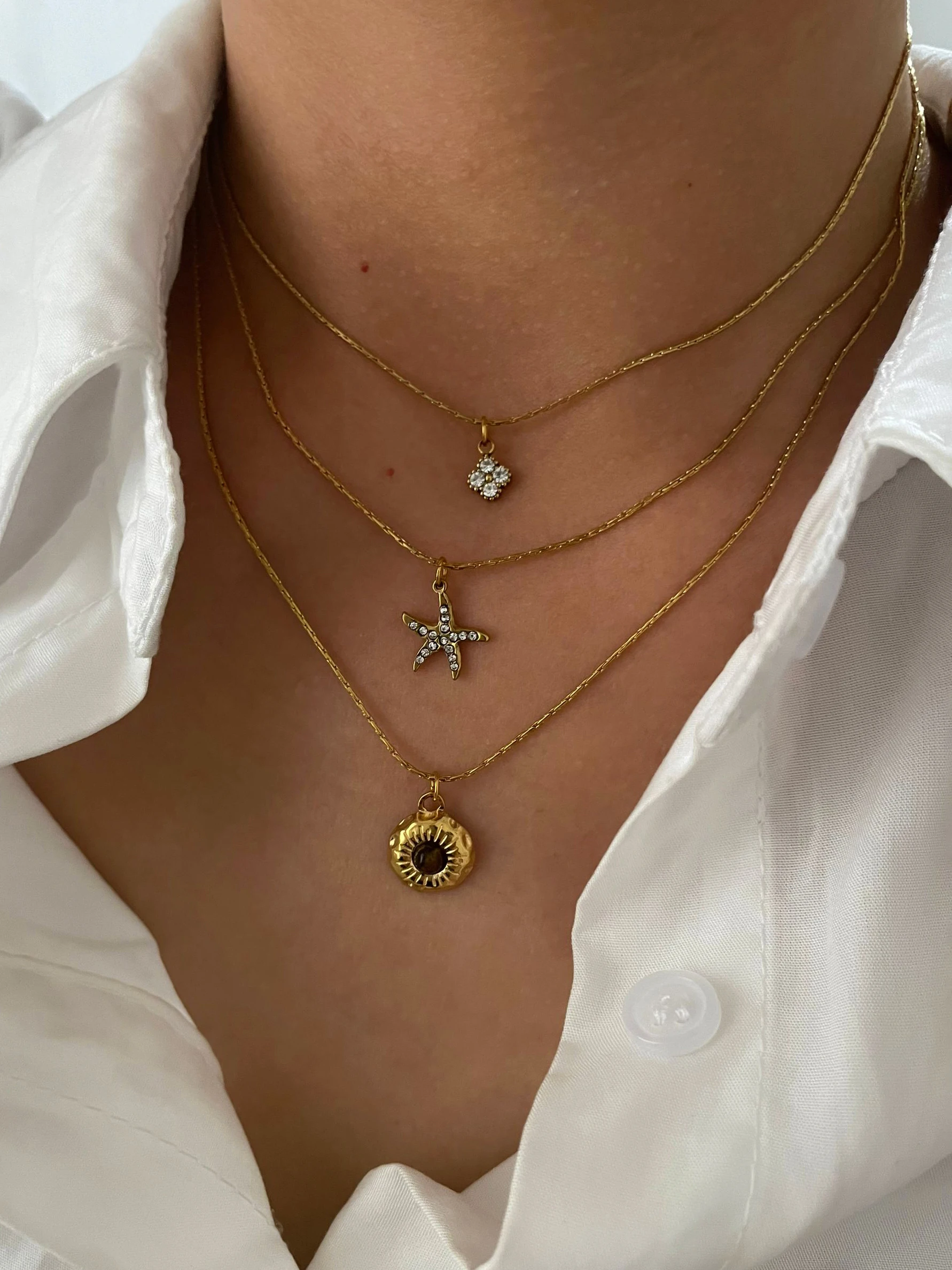 Peri'sbox Light Luxury Geometric White Rhinestone Starfish Natural Tiger' Eye Stone Pendant Necklace for Women Stackable Jewelry