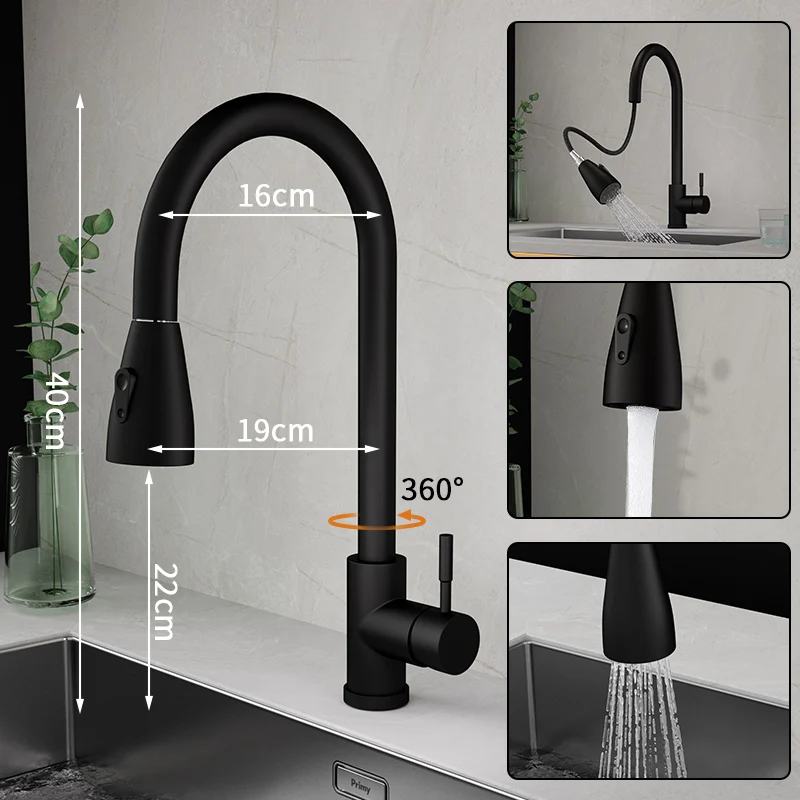 Black Kitchen Faucet Flexible Pull Out 2 Modes Nozzle Hot Cold Water Mixer Tap Deck Mounted Sprayer and Stream SUS 304 Faucets