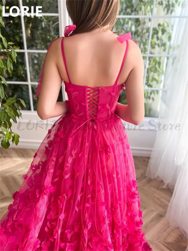 LORIE Hot Pink 3D Flowers Prom Dresses A Line Bow Straps Lace Evening Party Dress Sweetheart Neck Side Split Prom Gowns 2023