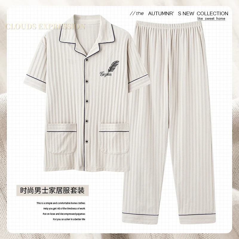 

L-5XL Summer Elegant Pyjamas Knited Cotton Men's Pajamas Sets Long Pants Sleepwear Pyjamas Night Pijamas Plus Size Homewear PJ