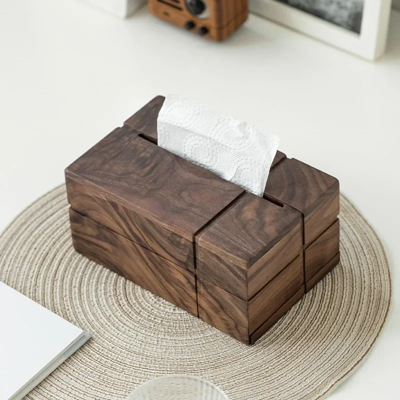 Nordic creative black walnut paper box solid wood tissue box Japanese living room wooden multifunctional storage box