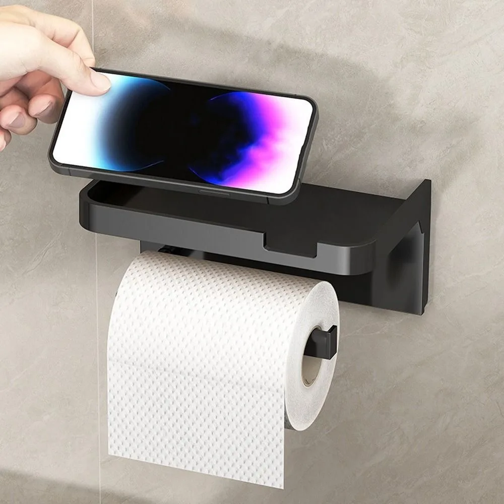 

Wall Mounted Toilet Paper Holder Space Saving Waterproof Storage Shelf Multi Functional With Storage Tray Paper Roll Holder