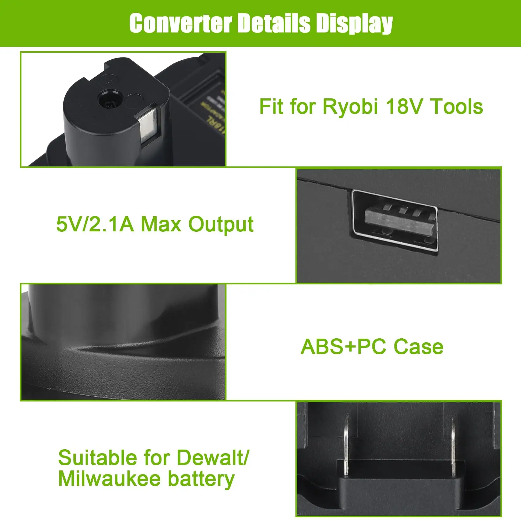 DM18RL Battery Adapter Suitable for Milwaukee and for Dewalt Convert to Ryobi 18V Battery with USB Output Port 5V 2.1A Max