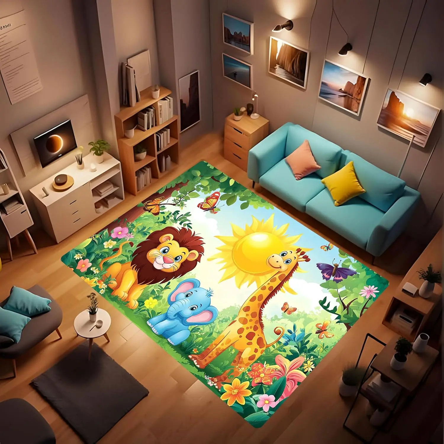 Children's Play Area Rugs, Cute Animal Lion Giraffe Elephant Carpet Game Mat, Children's Non-Slip Washable Cartoon Animal Rug
