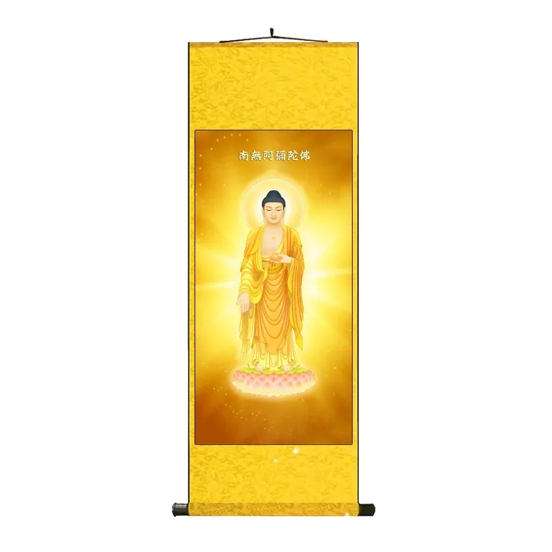 Cz amitabha buddha portrait hanging painting buddha hall worship buddha statue background living room silk decorative painting