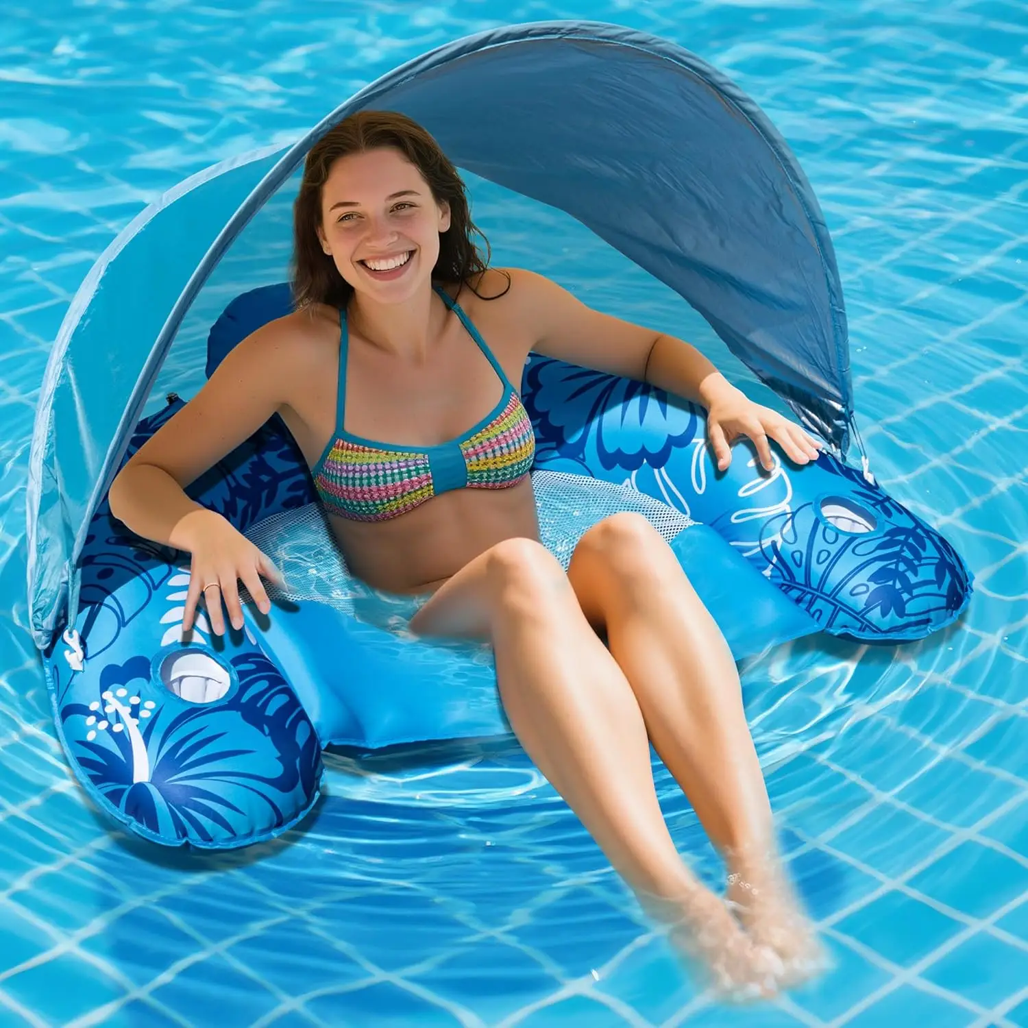 

Adult Pool Float with UPF50+ Canopy, Cup Holders & Fabric Cover - Blue