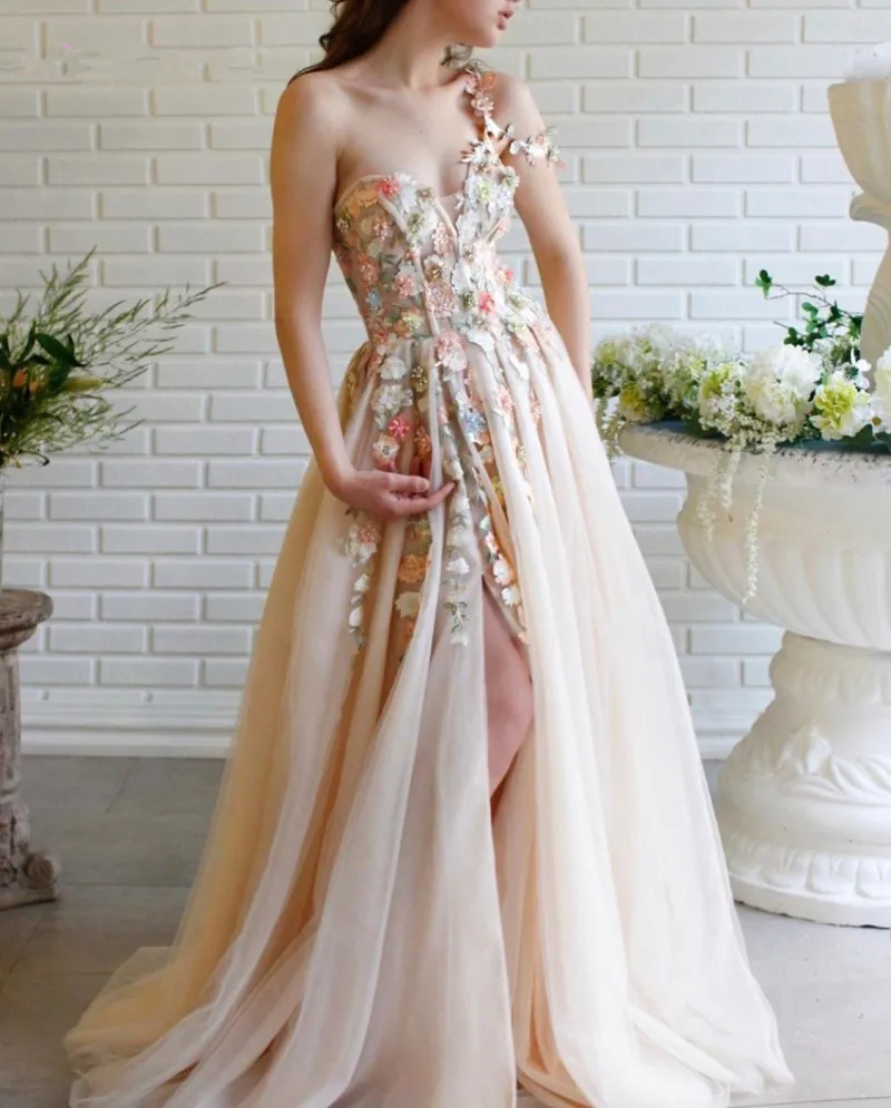 

Iridescent A-Line Champagne One Shoulder Side Split 3D Flowers Sweetheart Prom Gown Long Woman Evening Dresses Robe De Soiree