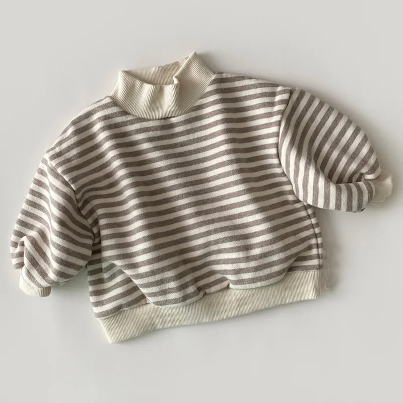 

Kidsclothes Boys Sweatershirt Korean Solid Color High Collar Striped Loose Unisex Plush Warm Thicken Pullover Cotton Fashion