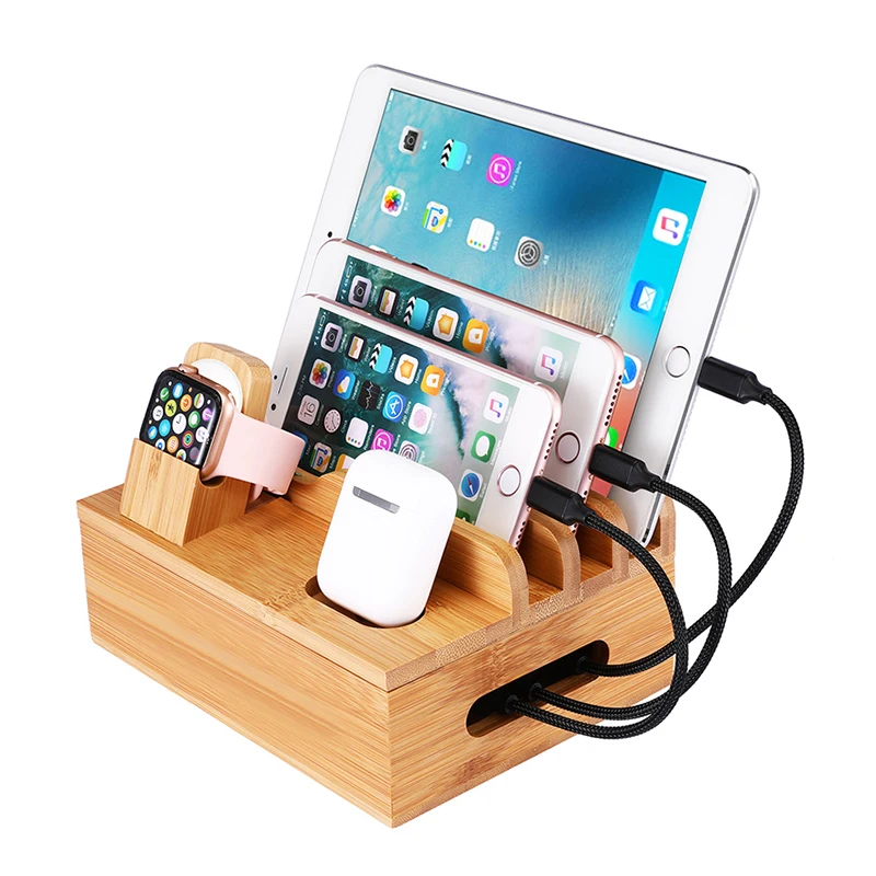 Bamboo Charging Organizer Cord for Phones Desk Wood Docking Stations Electronic Organizer for Cell Phone Tablet