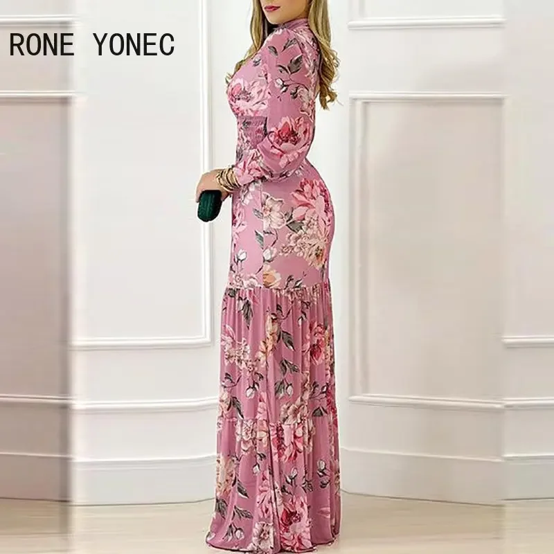 Donna Chic mezzo collo alto stampa All Over con motivo floreale buco della serratura maniche lunghe senza schienale Maxi abito da vacanza a-line