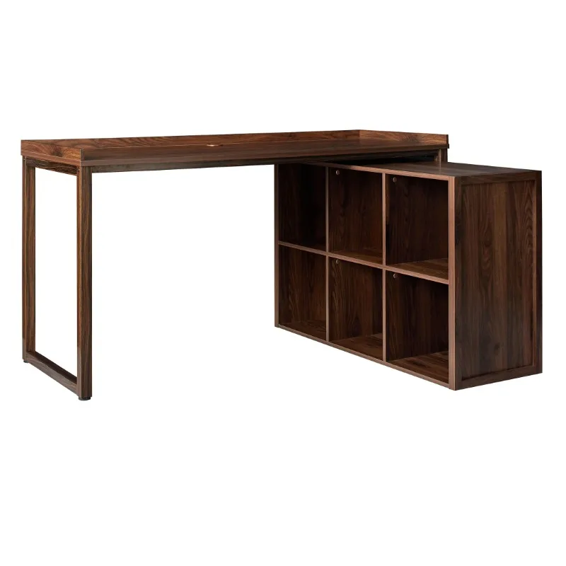 L Desk with 6-Cube Storage,Walnut Finish,djustable Positioning, Multifunction, Reversible, Space-Saving, Storage