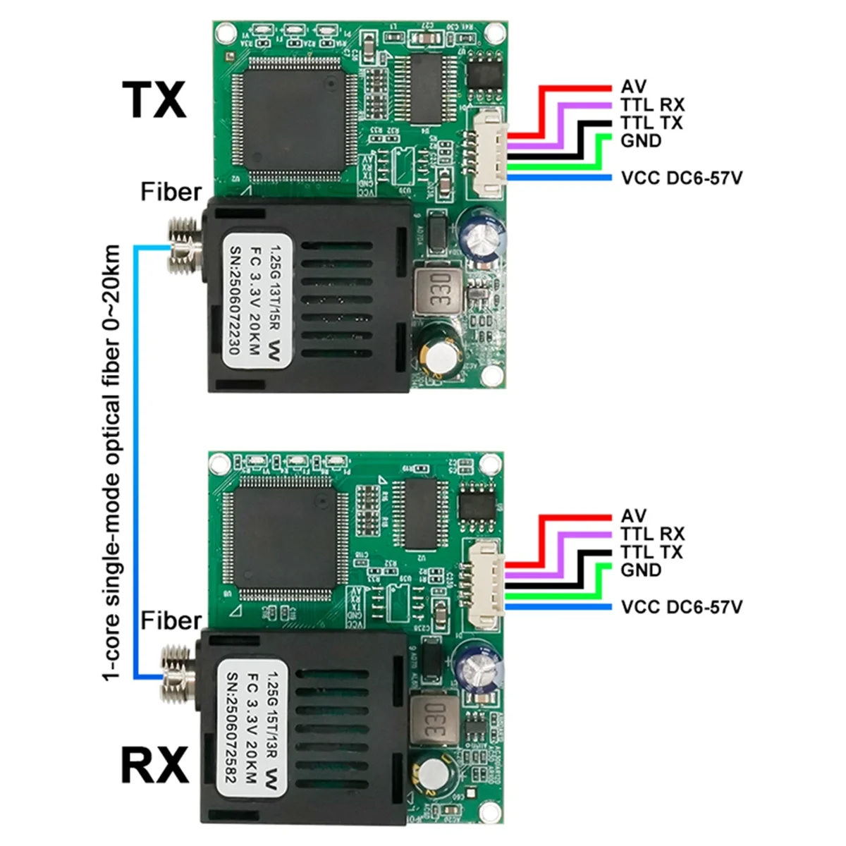 

2025+ 1 Channel 960P AHD Video + UART TTL SBUS to Fiber Converter, FC/UPC Single Mode Single Fiber 0-20km Voltage 6V-57V