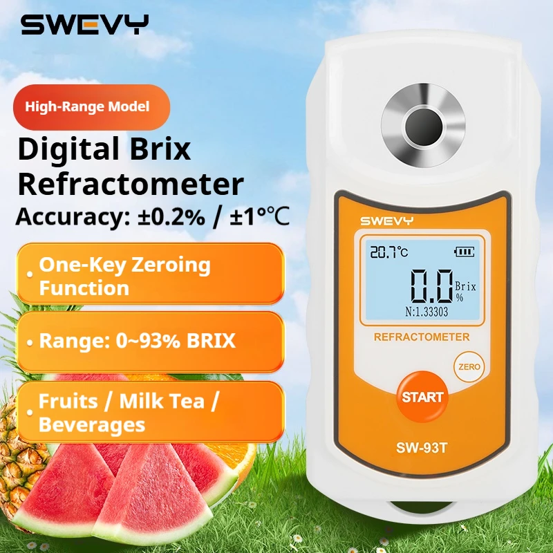SWEVY SW93T refractómetro Digital LCD medidor Brix zumo de fruta bebida ATC instrumento de medición del contenido de azúcar 0-93% saccharometro