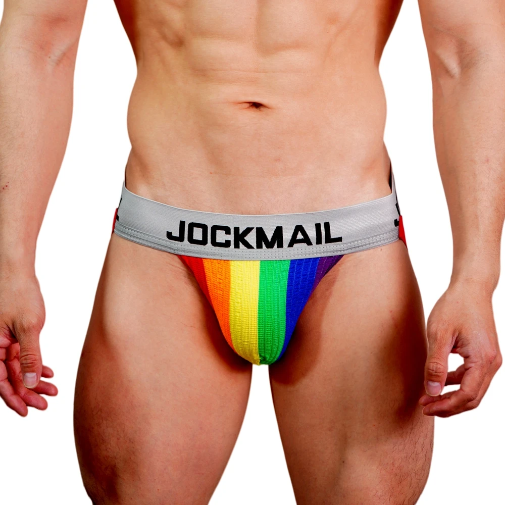 JOCKMAIL Brand Sexy Men Underwear Jockstrap Brief Rainbow Stripes Men's Jockstraps Bikini Slip Men's Tanga Thong Breathable