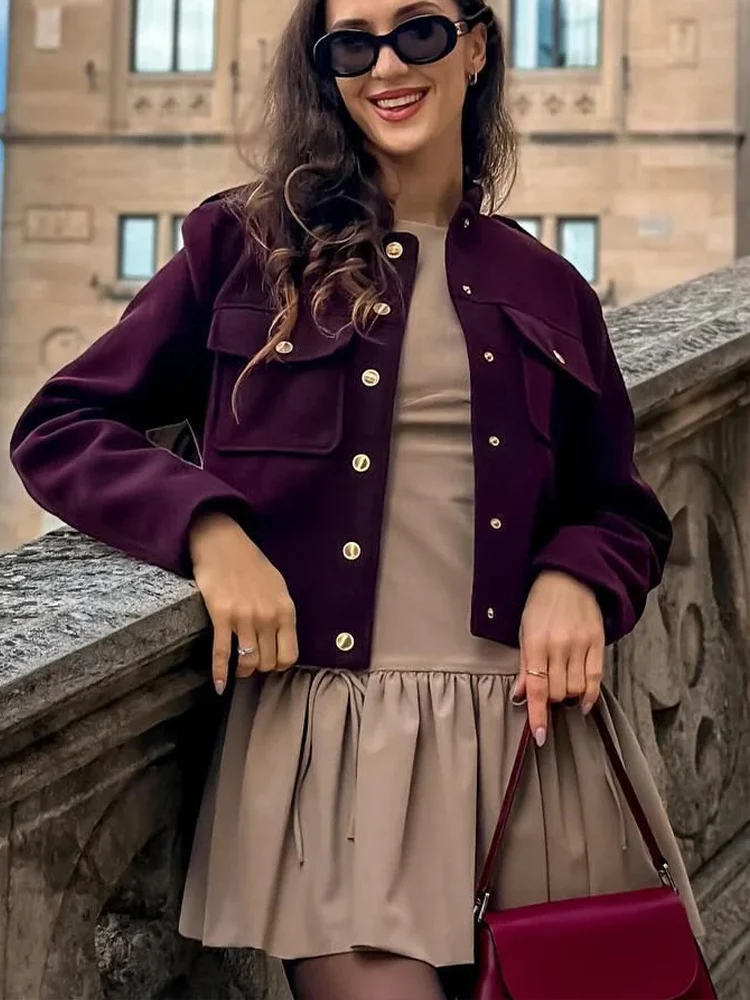 HH Winter Women\'s Fashion Burgundy Street Jacket Retro O-neck Long-sleeved Pocket Single-breasted Casual Jacket For Women