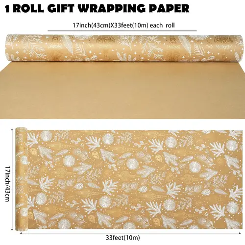 Imagen 2 del producto Papel de regalo navideño, rollo de papel de regalo Kraft de lámina marrón y dorada, rollo gigante de papel de regalo navideño, envoltura de regalo