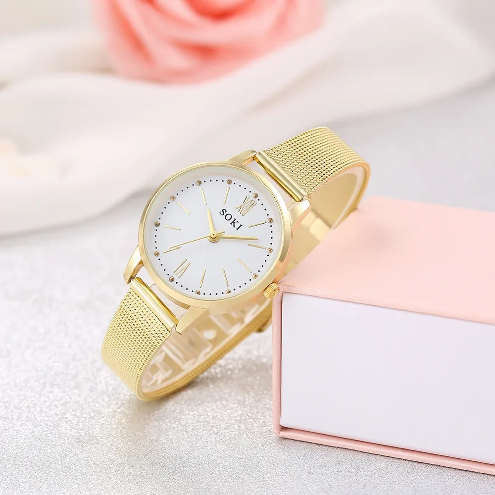 Reloj de cuarzo informal de lujo para Mujer, relojes de pulsera de acero inoxidable con malla metálica, dorado