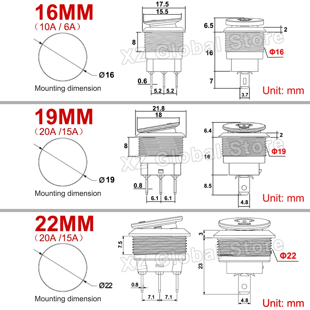 22mm Metal Toggle Rocker Switch LED Illuminated Car RV Auto Boat Dashboard Self-locking 12V 24V 20A ON-Off 3 Pin SPST 220V 15A