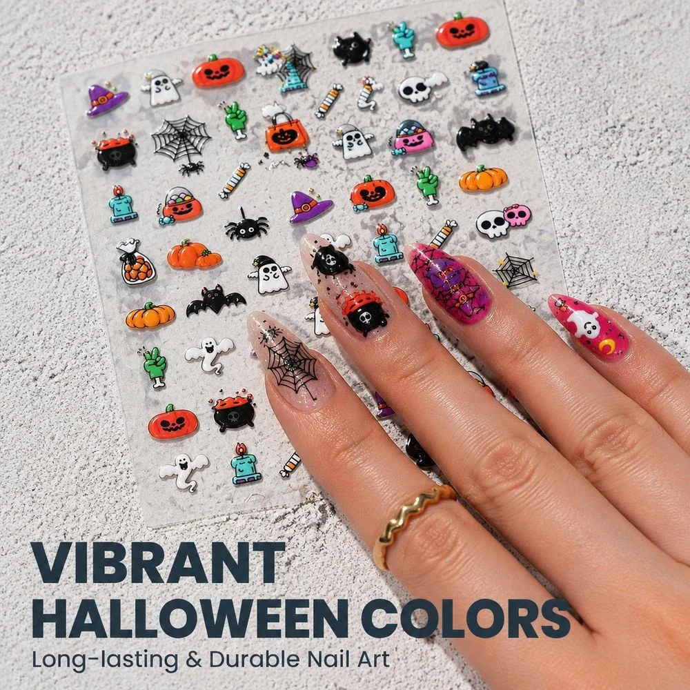 1Pc PET 5D Embossed Halloween Nail Stickers Mixed Spider Web Cauldron Skull Ghost Motifs Adhesive Decals Holiday DIY Nail Decor