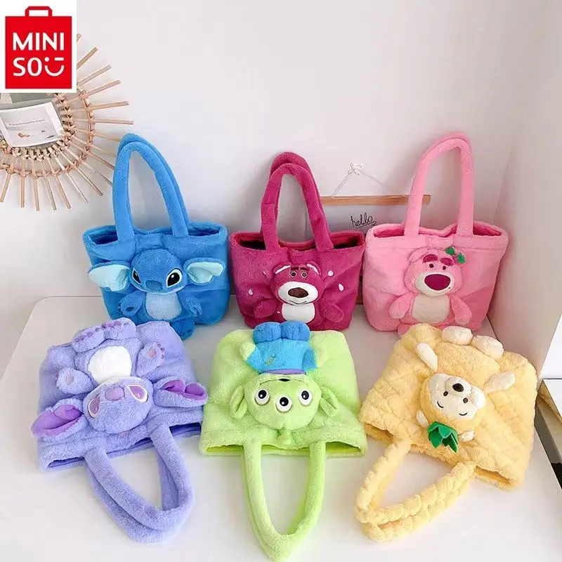 MINISO   Disney Large Capacity Cute Three Eyed Stitch Sweet Cartoon Doll High Quality Plush Versatile Storage Handheld Tote Bag