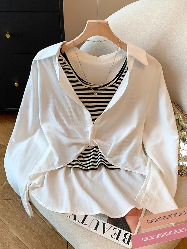 

Свободный женский комплект из двух предметов: рубашка с длинным рукавом и жилет в полоску с узлами, в корейском стиле, повседневный, удобный, дышащий, модный