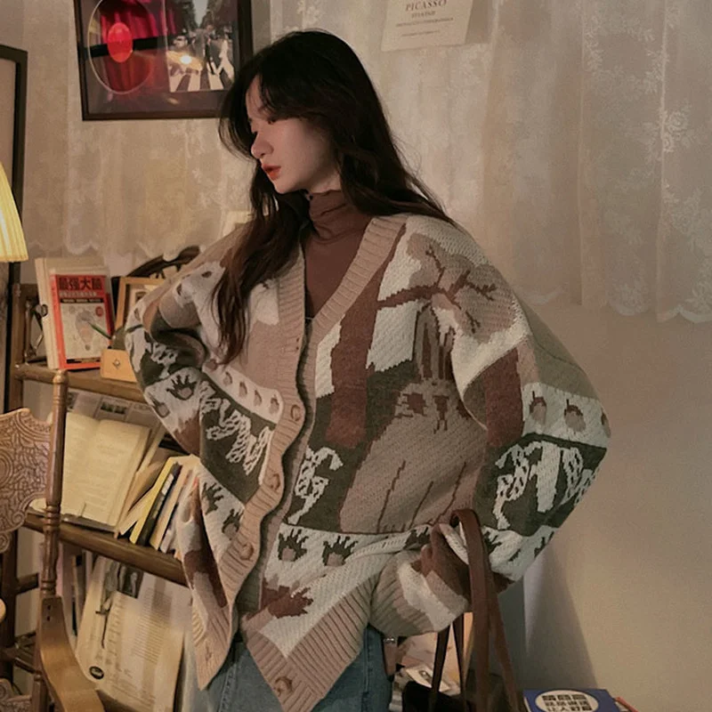 Cárdigans de ocio para mujer, suéteres holgados con cuello en V de un solo pecho con dibujos animados, prendas de punto Vintage para parejas, cárdigan para estudiantes universitarios Ins BF