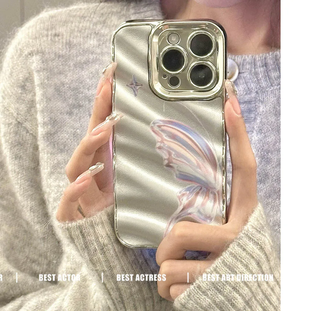 한국 INS 달콤한 나비 전화 케이스, 아이폰 15, 14, 13, 12, 11 프로 맥스, 럭셔리 전기도금 실버, 3D 물 잔물결 소녀 커버