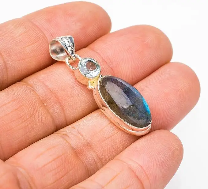 StarGems Natural Blue Fire Labradorite Blue Topaz Handmade 925 Sterling Silver Pendant 1.5