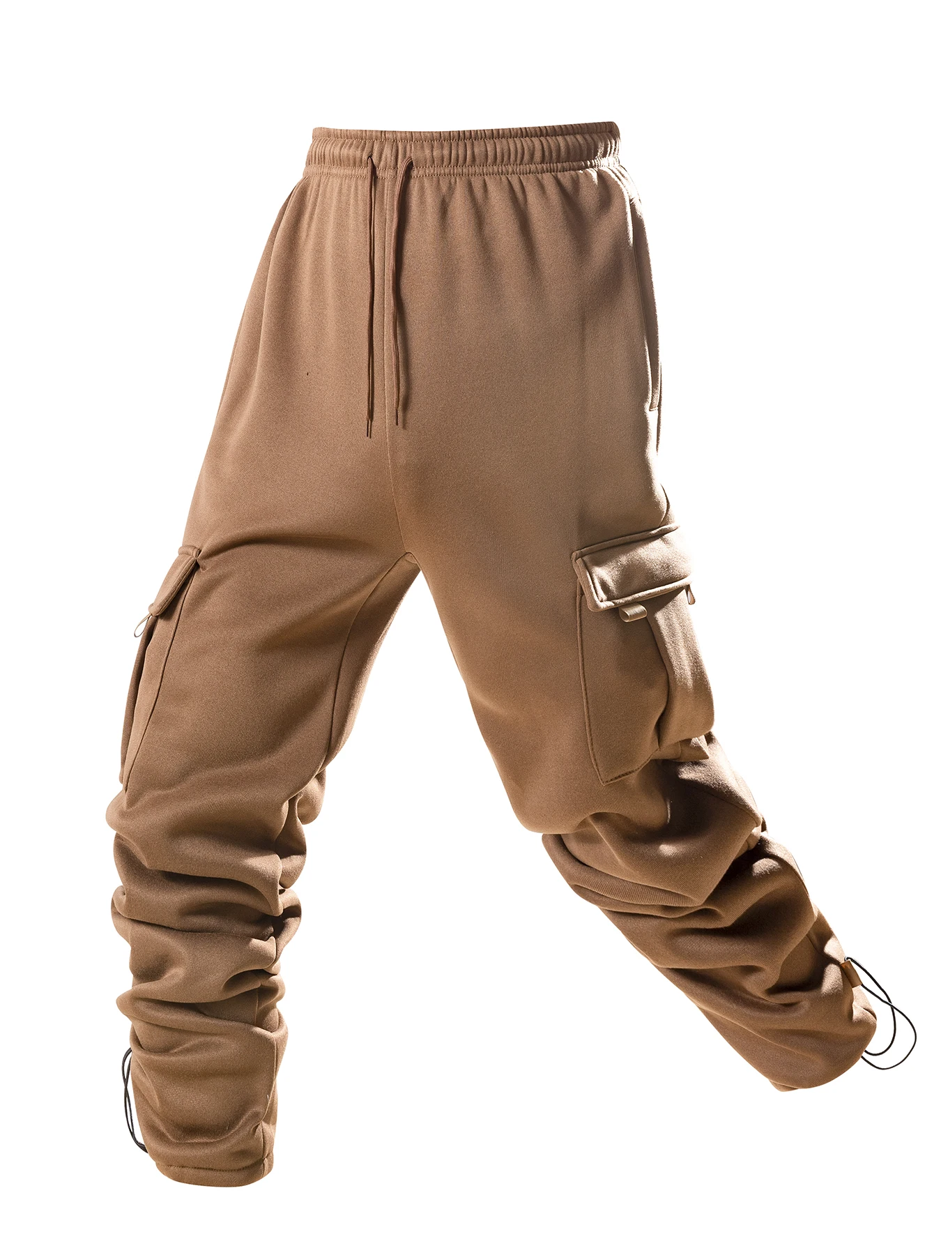 Mens Multi Pocket Cargo Joggers Winter Warm Fleece Lined Sweatpants Drawstring Loose Casual Sport Trousers