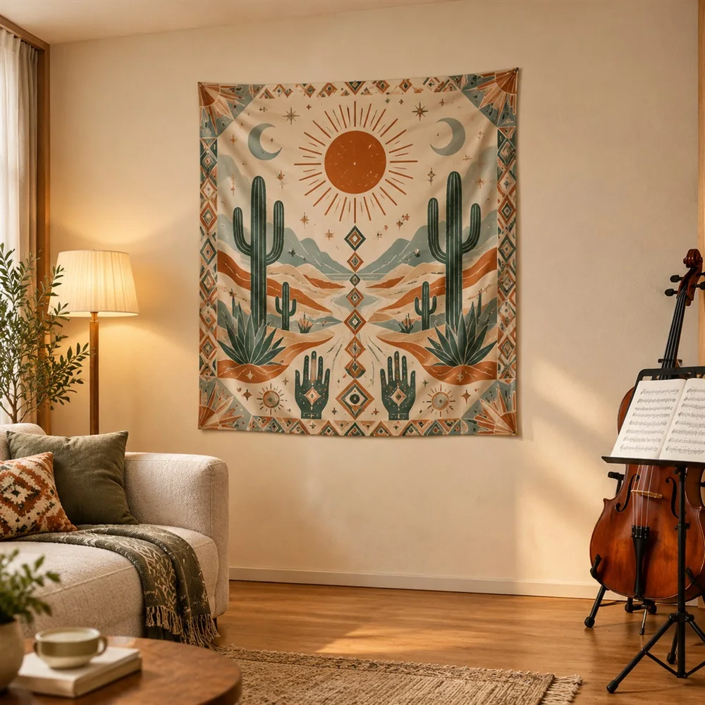 VIKAMA Desert Cactus Dunes Mirror Symmetric Tapestry Wall Hanging, Bohemian Wall Art Tapestries for Living Room Bedroom Entryway
