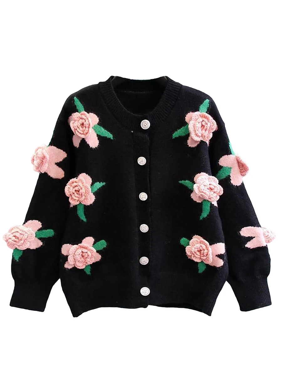 Women s Button Up Cardigan Sweater with Crochet Flower Detailing Lightweight Knitwear for Casual Street Style Long Sleeves