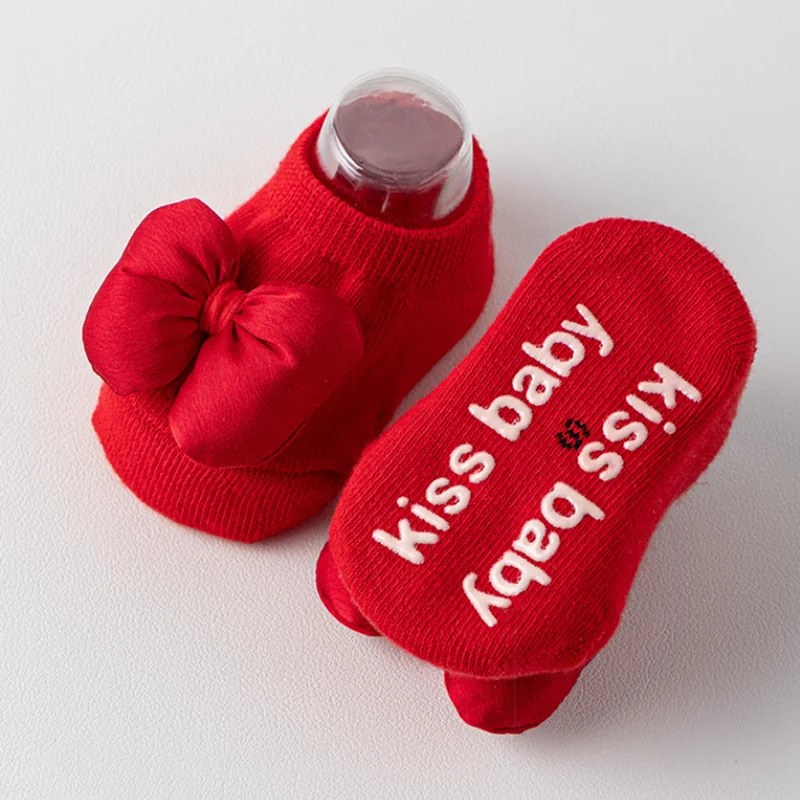 Baby Red Christmas Socks Bow Toddler Boat Socks Solid Cotton Short Sock 0-3Year Kids Rubber Bottom Anti-slip Floor Sock New Year