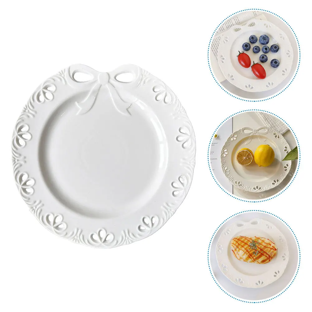

Embossed Ceramic Bowknot Dessert Plate Small Serving Dish Reusable Microwave Safe for Coffee Shop Snack and Western Cuisine