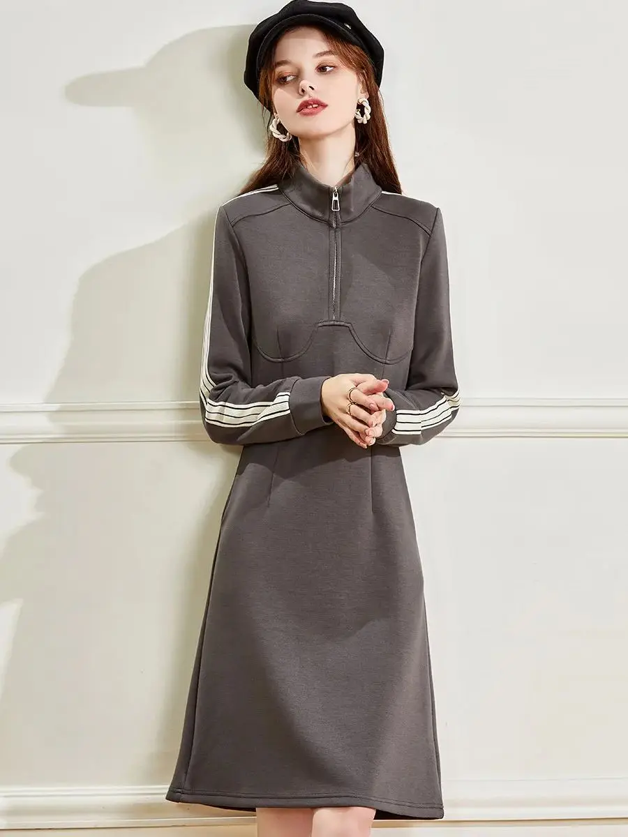 LOUIS YAO Women Dress 2024 Spring New Stand Collar Long Sleeve Loose Fit A-LINE Mid-length Casual Fashion Dress for Women