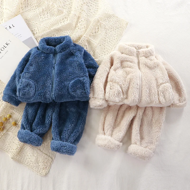 

Children’s Winter Set Toddler Baby Autumn Outfit Plush Warm Clothing Solid Color Fashion Home Wear Zipper Two-piece Set Kid Suit