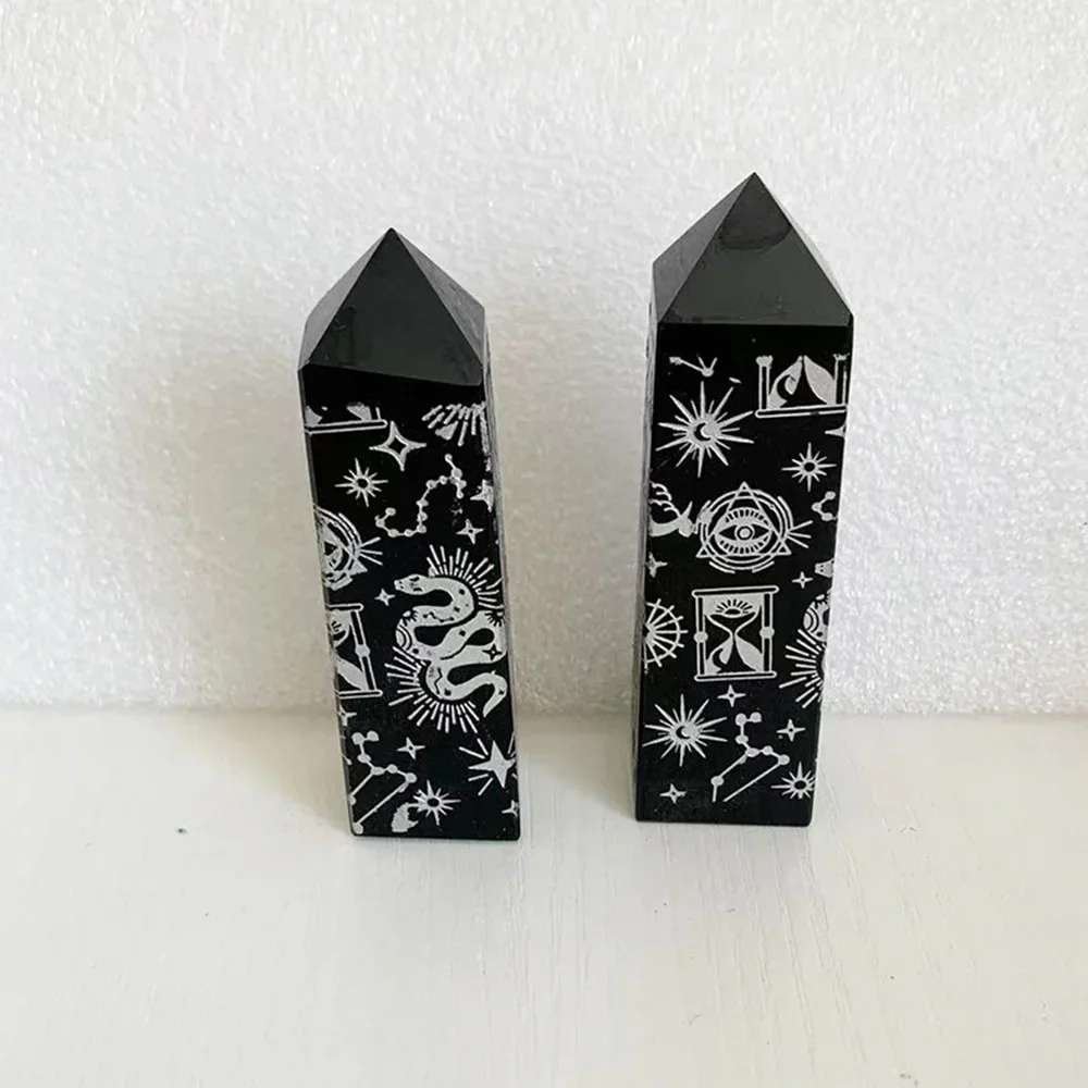 Natural Black Obsidian Point Tower Silver Rune Totem Constellation Astrology Star Moon Phase Reiki Healing Crystals Home Decor