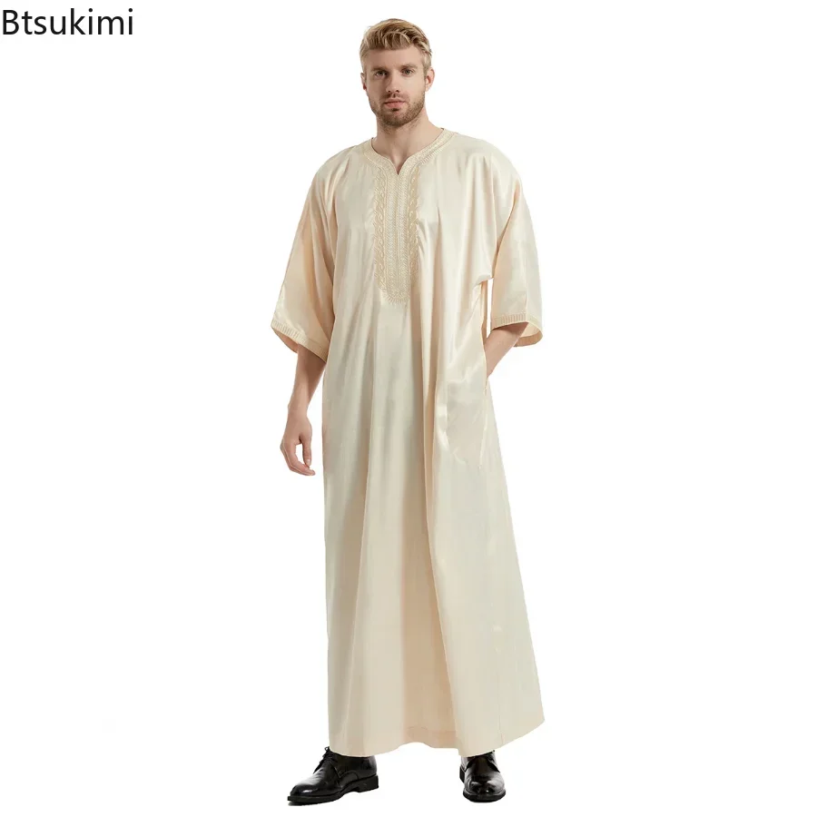 Eid Muslim Men Jubba Thobe Fashion Satin Embroidery Dress Kimono Robe Saudi Musulman Abaya Caftan Dubai Arabic Islamic Clothing