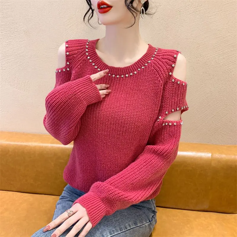 Off Shoulder Top Autumn and Winter Women's Sweater Sexy Women's Clothing New Knitwear Outfit Rose Red Sweater Oversized Sweater