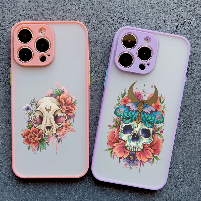 Skull Skeleton Flowers Case For iPhone 12 13 Pro MAX Mini 15 11 14 Pro Max XR X XS 7 8 14 Plus SE2 Shockproof Back Cover Fundas