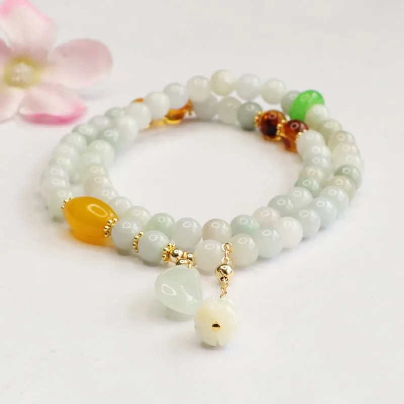 

​​Natural Jadeite Double-Layer Bracelet with Amber & Tassel - Auspicious "Good Fortune & Longevity" Design, Luxury Gift for Wome