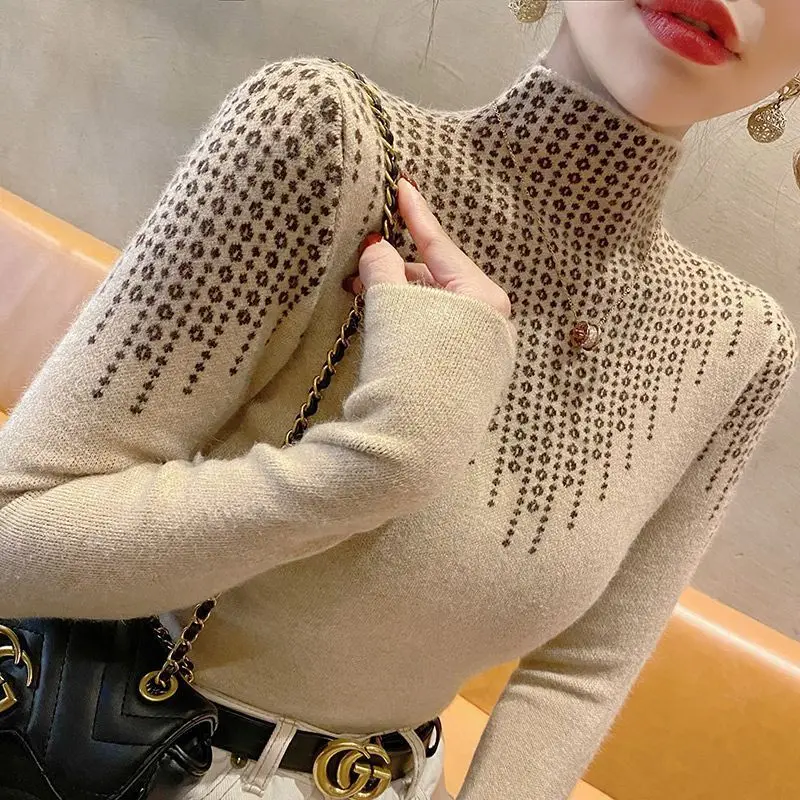 Autumn Winter Mock Neck Knitting Bottoming Shirt Women Simplicity Slim Office Lady Sweater Ladies Casual All-match Knitwear Tops