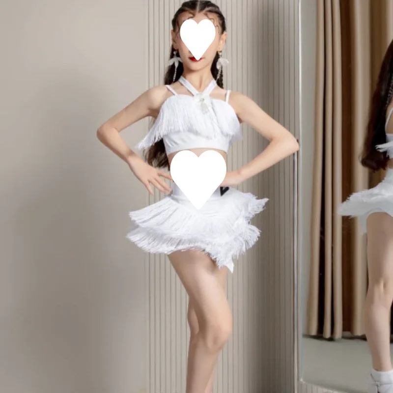 Детский костюм для латинских танцев, костюм для танцевальной практики, белая юбка с кисточками для выступлений
