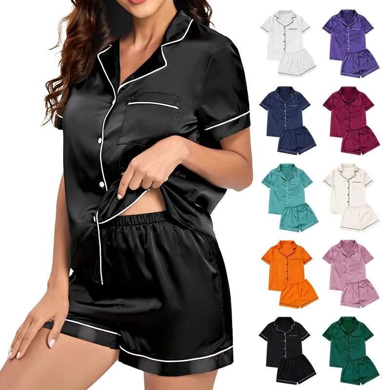 

Psjamas Set for Women Satin Elastic Imitation Silk Sleepwear Short Sleeved Shorts Suitable for Outdoor Loungewear Set