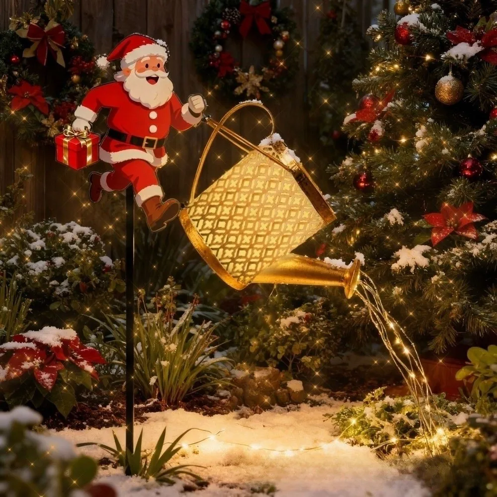 Solar Powered Christmas Santa Solar Kettle Light Waterproof LED Light Santa Claus Watering Can Light Weather Resistant